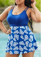 Hollow Strap Plus Size Plant Print Swimdress and Shorts
