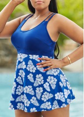Hollow Strap Plus Size Plant Print Swimdress and Shorts