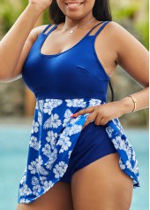 Hollow Strap Plus Size Plant Print Swimdress and Shorts