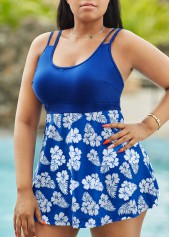 Hollow Strap Plus Size Plant Print Swimdress and Shorts