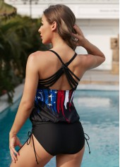 American Flag Print Drawstring Side Cutout Neck Tankini Set 