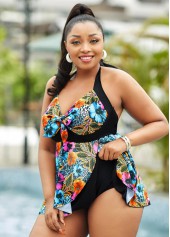 Plus Size Asymmetric Hem Swimdress and Panty