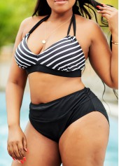 Striped High Waisted Plus Size Bikini Set