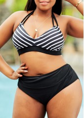 Striped High Waisted Plus Size Bikini Set