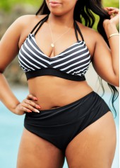 Striped High Waisted Plus Size Bikini Set