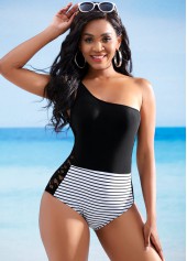 Tie Shoulder Lace Stitching Striped One Piece Swimwear