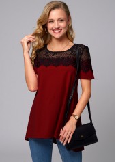 Short Sleeve Lace Stitching Round Neck T Shirt