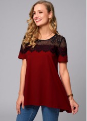 Short Sleeve Lace Stitching Round Neck T Shirt