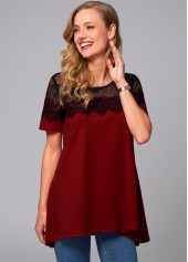 Short Sleeve Lace Stitching Round Neck T Shirt