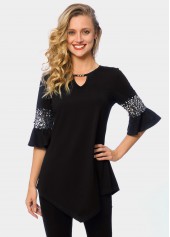 Sequin Keyhole Neckline Asymmetric Hem T Shirt