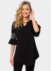 Sequin Keyhole Neckline Asymmetric Hem T Shirt