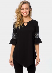 Sequin Keyhole Neckline Asymmetric Hem T Shirt