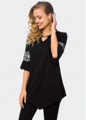 Sequin Keyhole Neckline Asymmetric Hem T Shirt