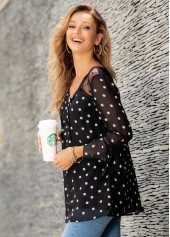 Hanky Cuff Polka Dot Crinkle Chest Blouse