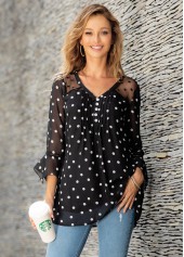 Hanky Cuff Polka Dot Crinkle Chest Blouse