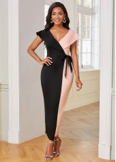 Side Back V Neck Color Block Bodycon Dress
