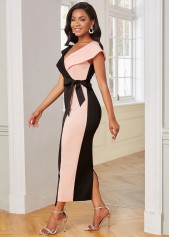 Side Back V Neck Color Block Bodycon Dress