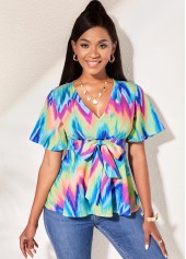 Short Sleeve V Neck Bowknot Blouse