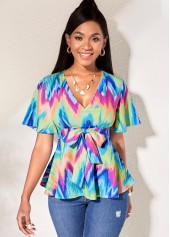 Short Sleeve V Neck Bowknot Blouse