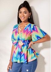 Short Sleeve V Neck Bowknot Blouse