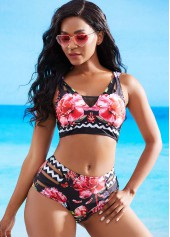 Ladder Cutout Mesh Stitching Floral Print Bikini Set