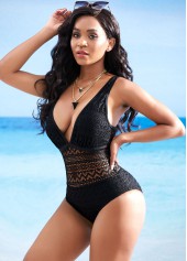 Deep V Neck Mesh Spaghetti Strap One Piece Swimwear