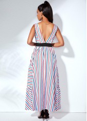 Belted V Back Strip Print Swing Dress