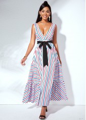 Belted V Back Strip Print Swing Dress