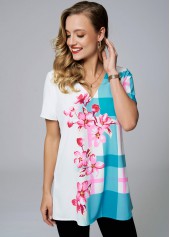 Short Sleeve Floral Print V Neck Blouse