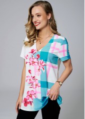 Short Sleeve Floral Print V Neck Blouse