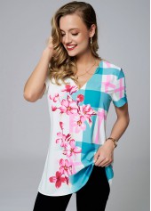Short Sleeve Floral Print V Neck Blouse