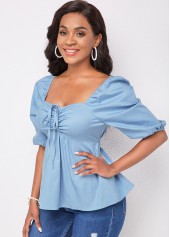 Solid Drawstring Detail Half Sleeve Blouse