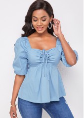 Solid Drawstring Detail Half Sleeve Blouse