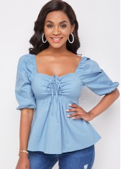 Solid Drawstring Detail Half Sleeve Blouse