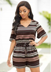 Drawstring Waist Printed Half Sleeve Ropmer