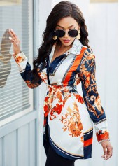 Belted Turndown Collar Long Sleeve Blouse