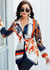 Belted Turndown Collar Long Sleeve Blouse