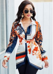 Belted Turndown Collar Long Sleeve Blouse