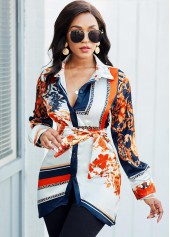 Belted Turndown Collar Long Sleeve Blouse