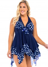Asymmetric Hem Plus Size Printed Swimdress and Panty