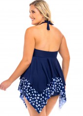 Asymmetric Hem Plus Size Printed Swimdress and Panty