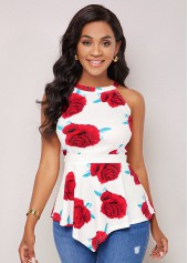 Sleeveless Asymmetric Hem Floral Print T Shirt