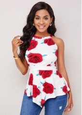 Sleeveless Asymmetric Hem Floral Print T Shirt