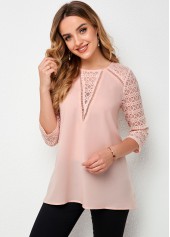 3/4 Sleeve Lace Stitching Round Neck T Shirt