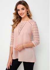 3/4 Sleeve Lace Stitching Round Neck T Shirt