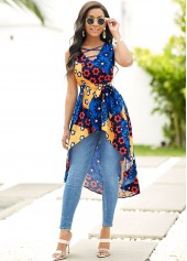 Dip Hem Floral Print Cross Strap Blouse