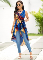 Dip Hem Floral Print Cross Strap Blouse