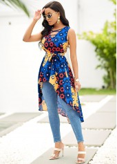 Dip Hem Floral Print Cross Strap Blouse