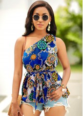 Belted Tribal Print One Shoulder Blouse