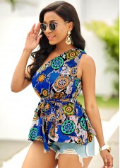 Belted Tribal Print One Shoulder Blouse